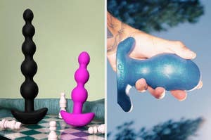 Black and pink anal beads on chess board and hand holding blue anal plug