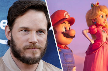 Chris Pratt bites his lip and scrunches up his face vs Mario and Peach staring off at a sunset