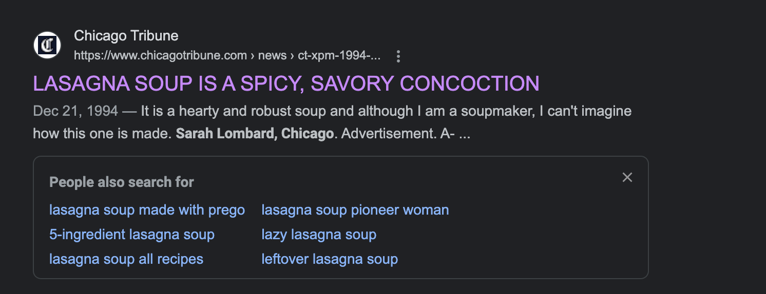 A link to a Chicago Tribune story on Lasagna Soup