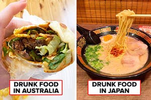 Left: A hand holding a kebab which a type of drunk food in Australia; A bowl of ramen which is a type of drunk food in Japan