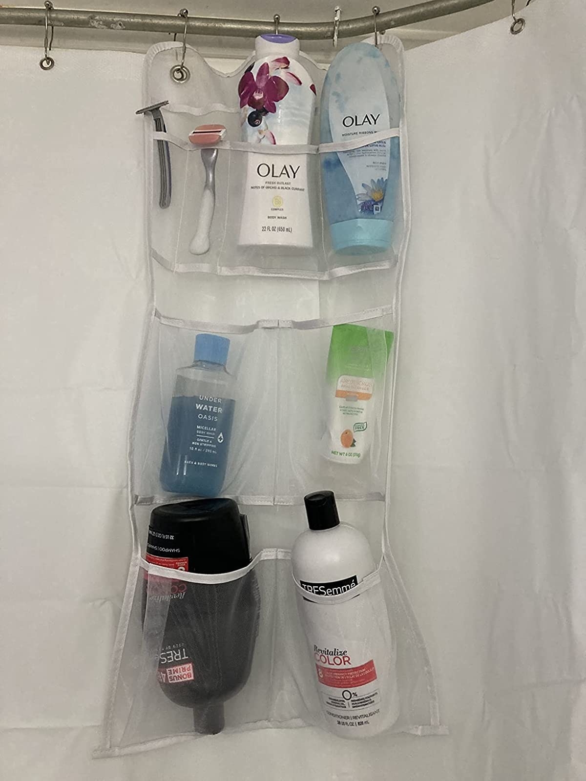 Reviewer&#x27;s shower caddy is shown