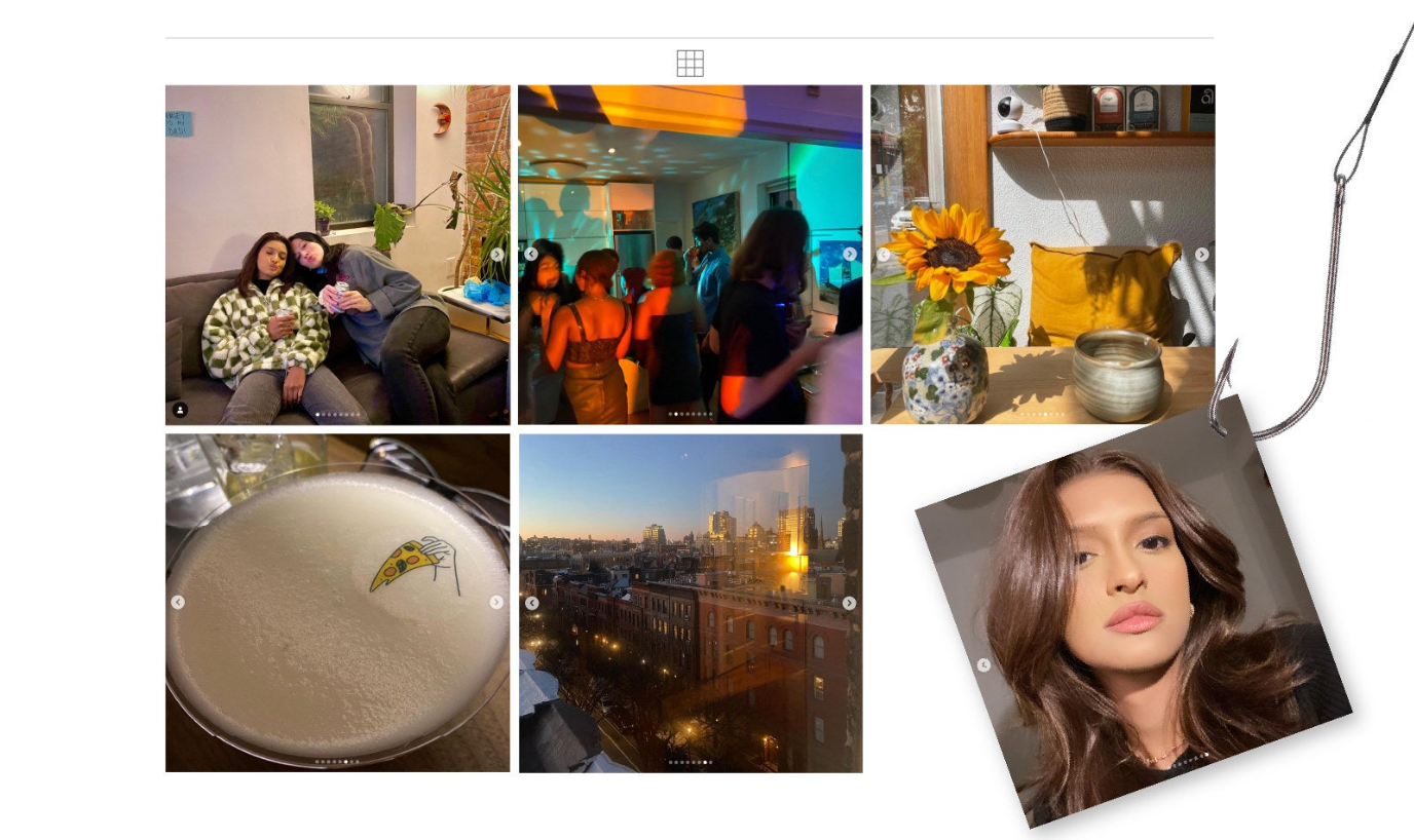 a collage of someone&#x27;s instagram feed: friends sitting on a couch, a party at night, a kitchen table with floewrs, a white plate, a sunset city landscape, and a selfie of a young woman