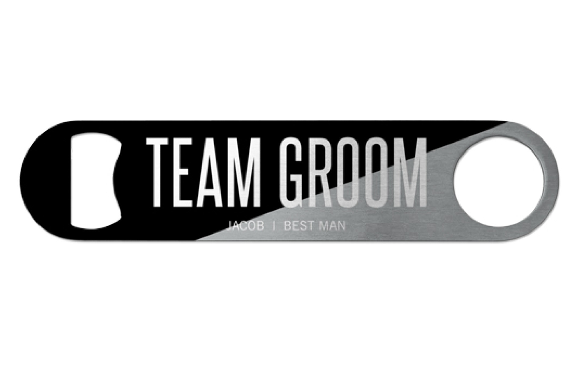 Bottle opener with team groom, best man, and name of best man written on it