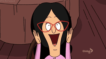 a gif of linda belcher making an excited face and happy hands