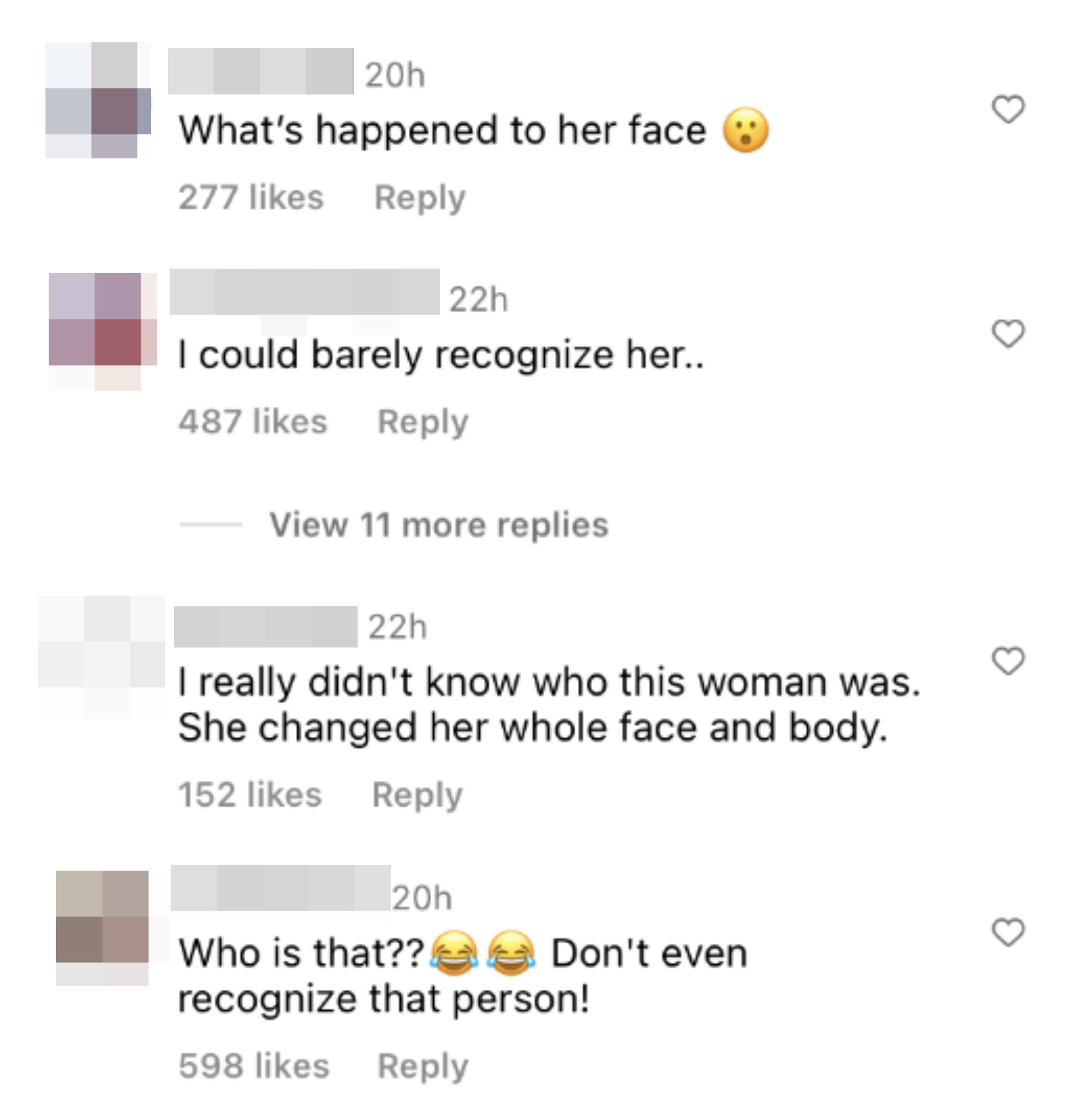 Screenshot of comments saying they don&#x27;t recognize her and what happened to her face