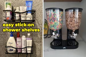 shower shelves and cereal dispenser 