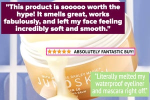 L: reviewer quote on image of model applying cream blush "it feels amazing on my cheeks and adds so much dimension without my having to try" R: cleansing balm with reviewer quote on image "this product is so worth the hype"