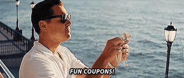 leonardo dicaprio throwing money off a boat and saying fun coupons