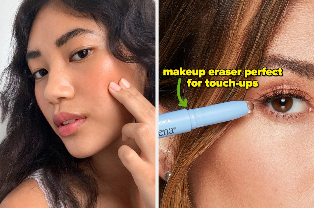 L: model applying cream blush with two fingers R: model using makeup eraser pen to clean up eye makeup