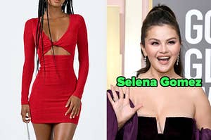 On the left, someone wearing a long-sleeved mini dress, and on the right, Selena Gomez smiling and waving