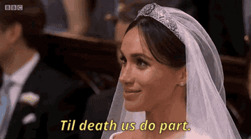 Meghan Markle at her wedding with the caption &quot;Til death us do part&quot;