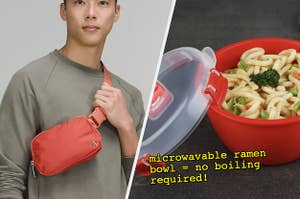 someone wearing the belt bag and a microwavable ramen bowl
