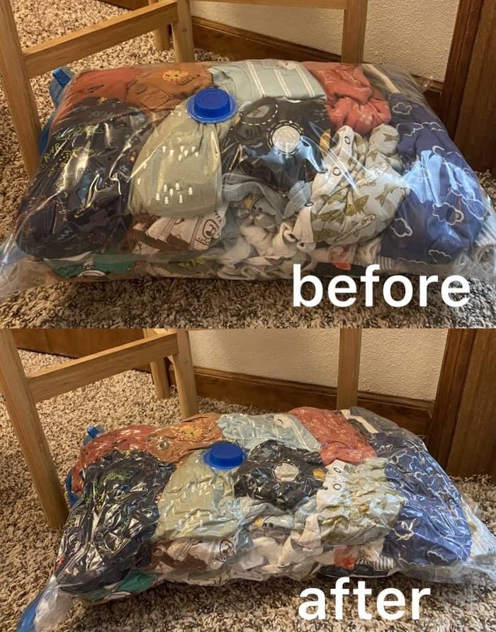 a reviewer before and after photo of baby clothes in the vacuum storage bag
