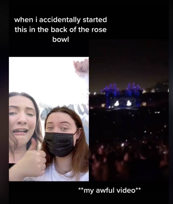 A screengrab of a TikTok has the caption &quot;when I accidentally started this in the back of the rose bowl&quot; with a blurry concert video and an embedded image of a person wearing a mask and giving a thumbs-up