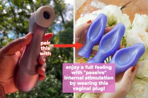 Hand holding purple suction vibrator and hand holding purple vaginal plugs