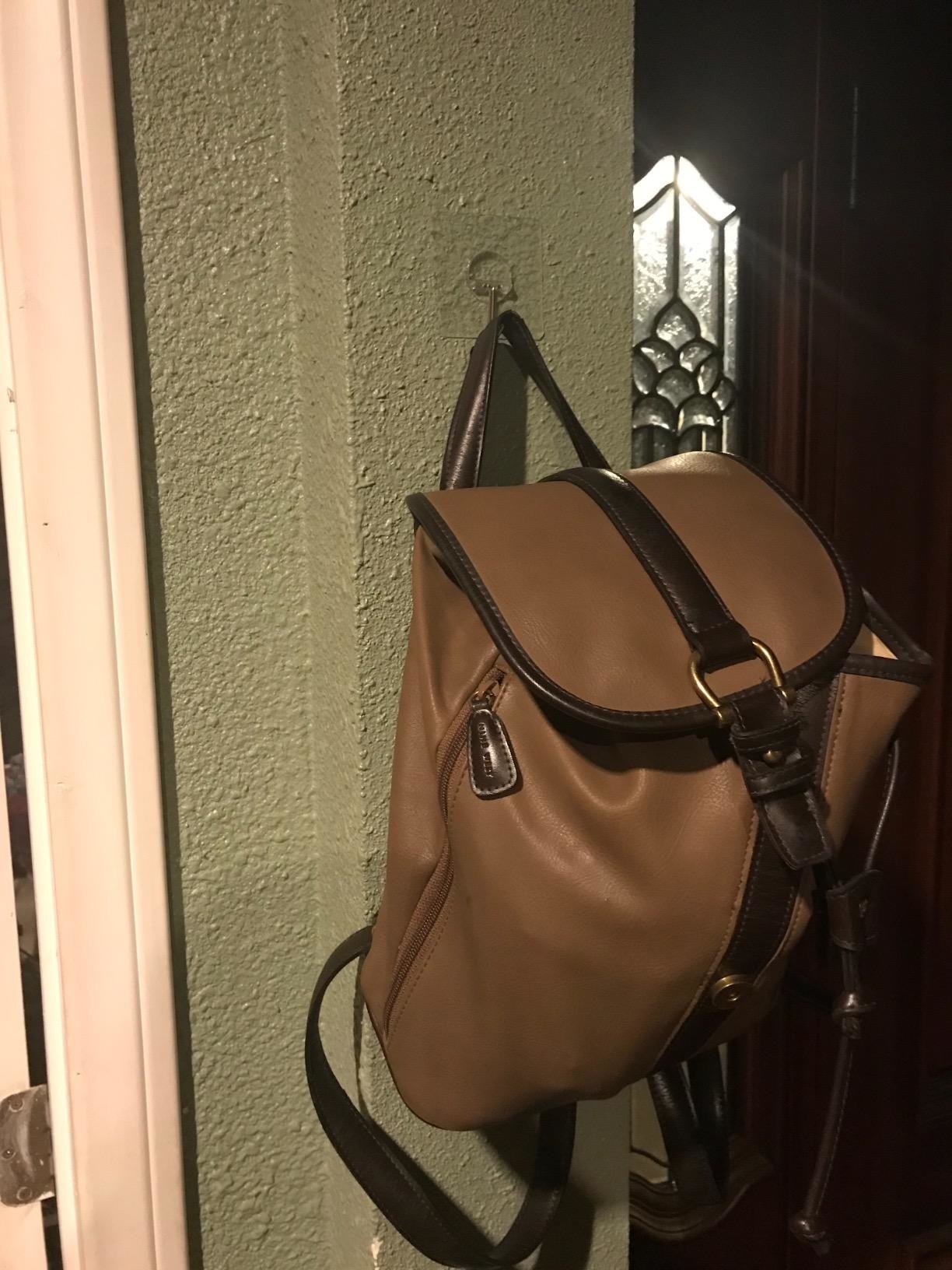 a reviewer photo of the clear hook holding a full backpack next to a front door