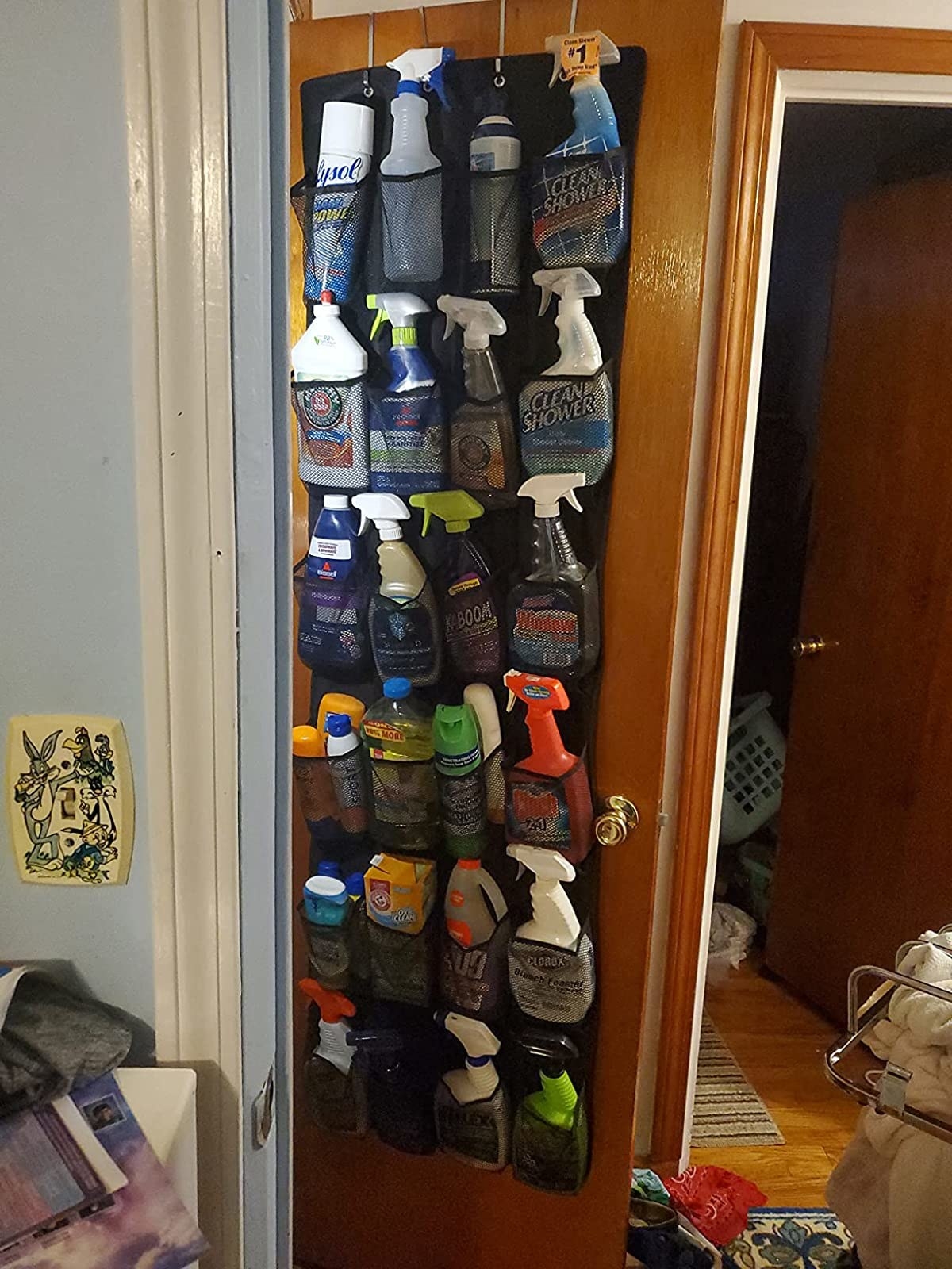 a reviewer photo of the organizer holding many different cleaning supplies in the pockets