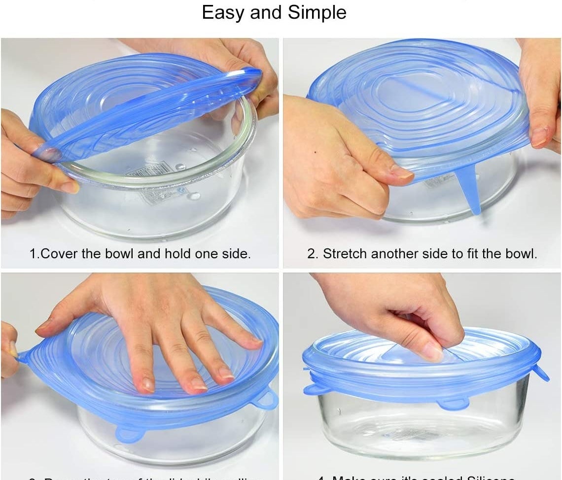 someone demonstrating how to put on the silicone stretchy lid on a container