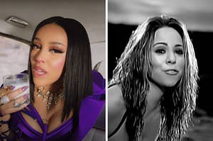 On the left, Doja Cat in the Rules music video, and on the right, Mariah Carey in the My All music video