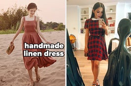 model in handmade linen dress and reviewer in plaid peter pan collar dress