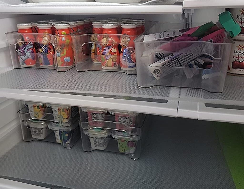 a reviewer photo of a neat fridge with yogurts and pouches in the bins