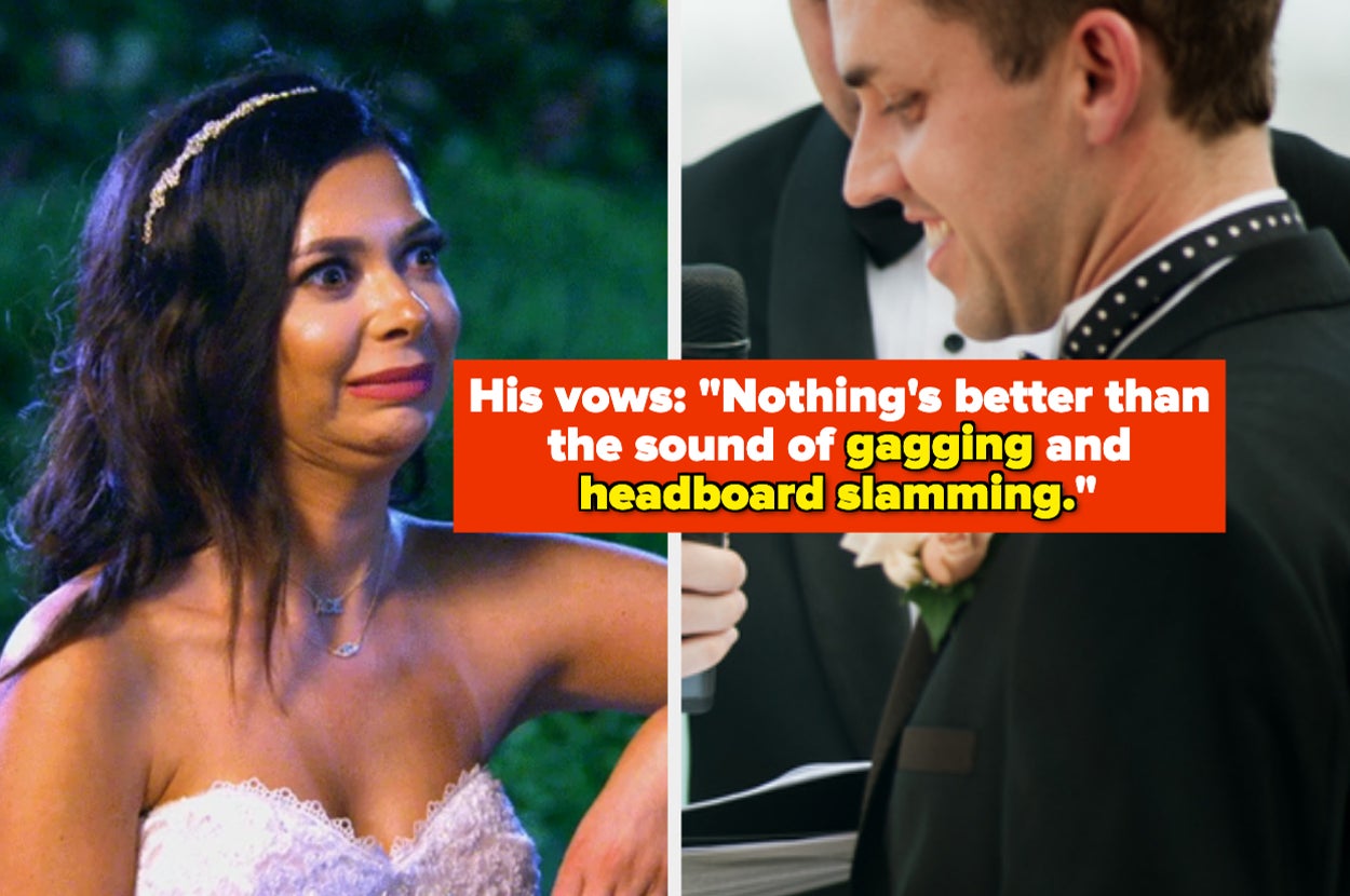 a bride making an ugh face and the text: his vows: nothing's better than the sound of gagging and headboard slamming