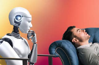 An android robot holds its hand up to its chin while listening to a man who is laying on a couch talk