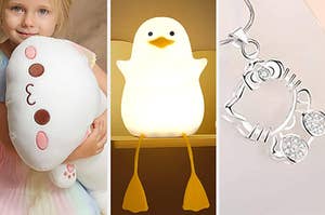 cat plush, seagull light, and hello kitty necklace