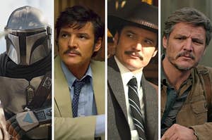 On the left, Pedro Pascal as the Mandalorian, then Pedro as Javier in Narcos, then Pedro as Agent Whiskey in Kingsman The Golden Circle, and on the right, Pedro as Joel on The Last of Us