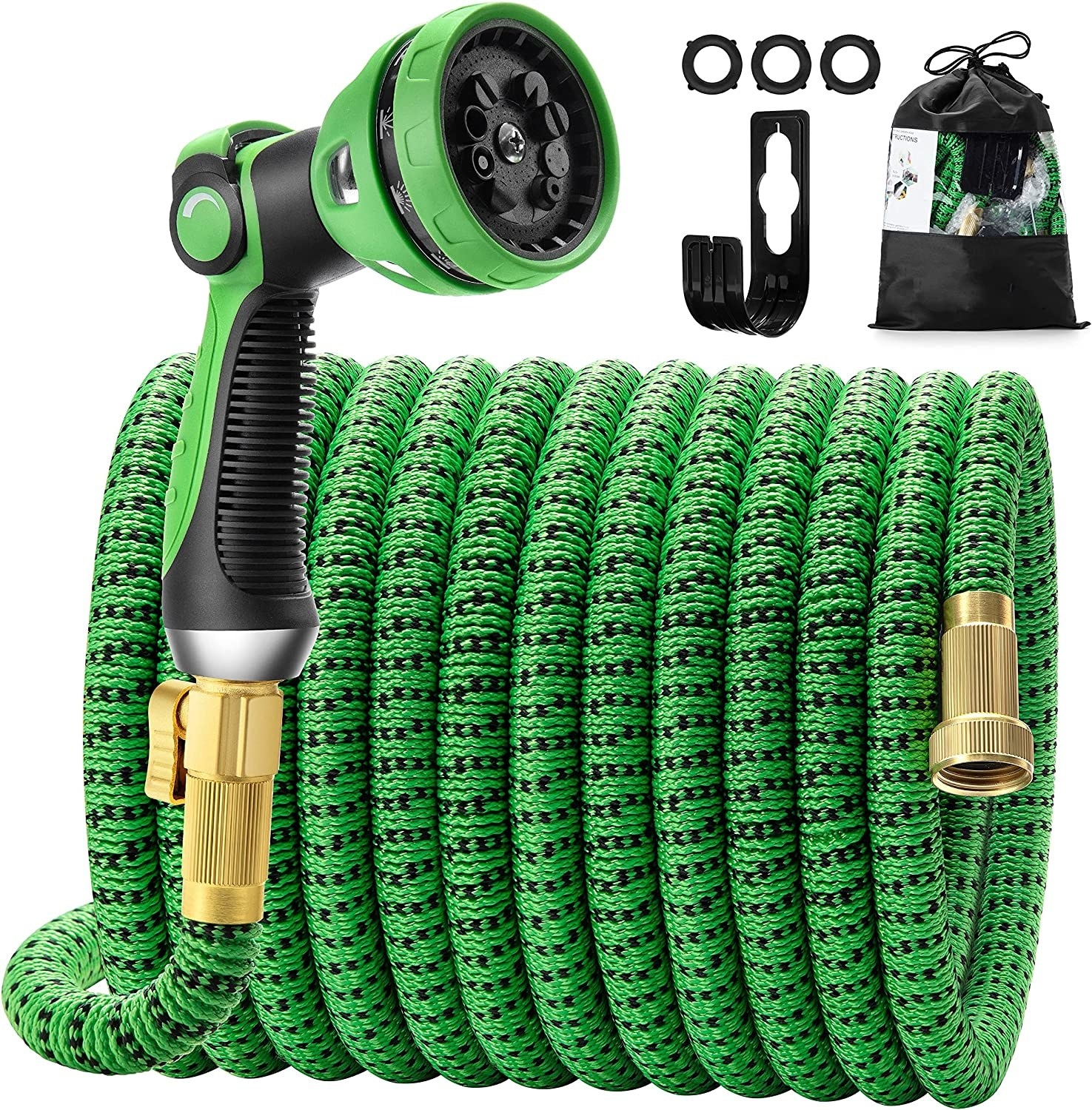the hose rolled up next to its accessories on a blank background