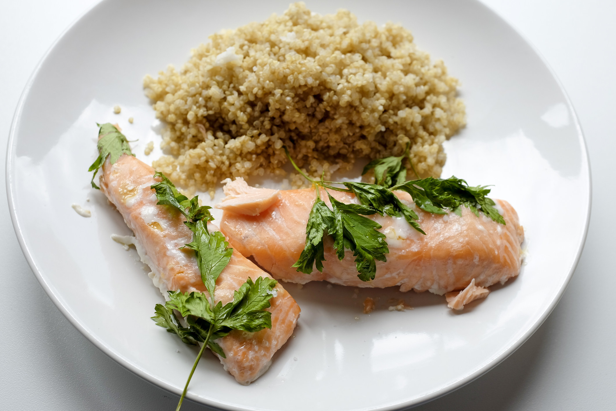 Plate of salmon with quinoa.