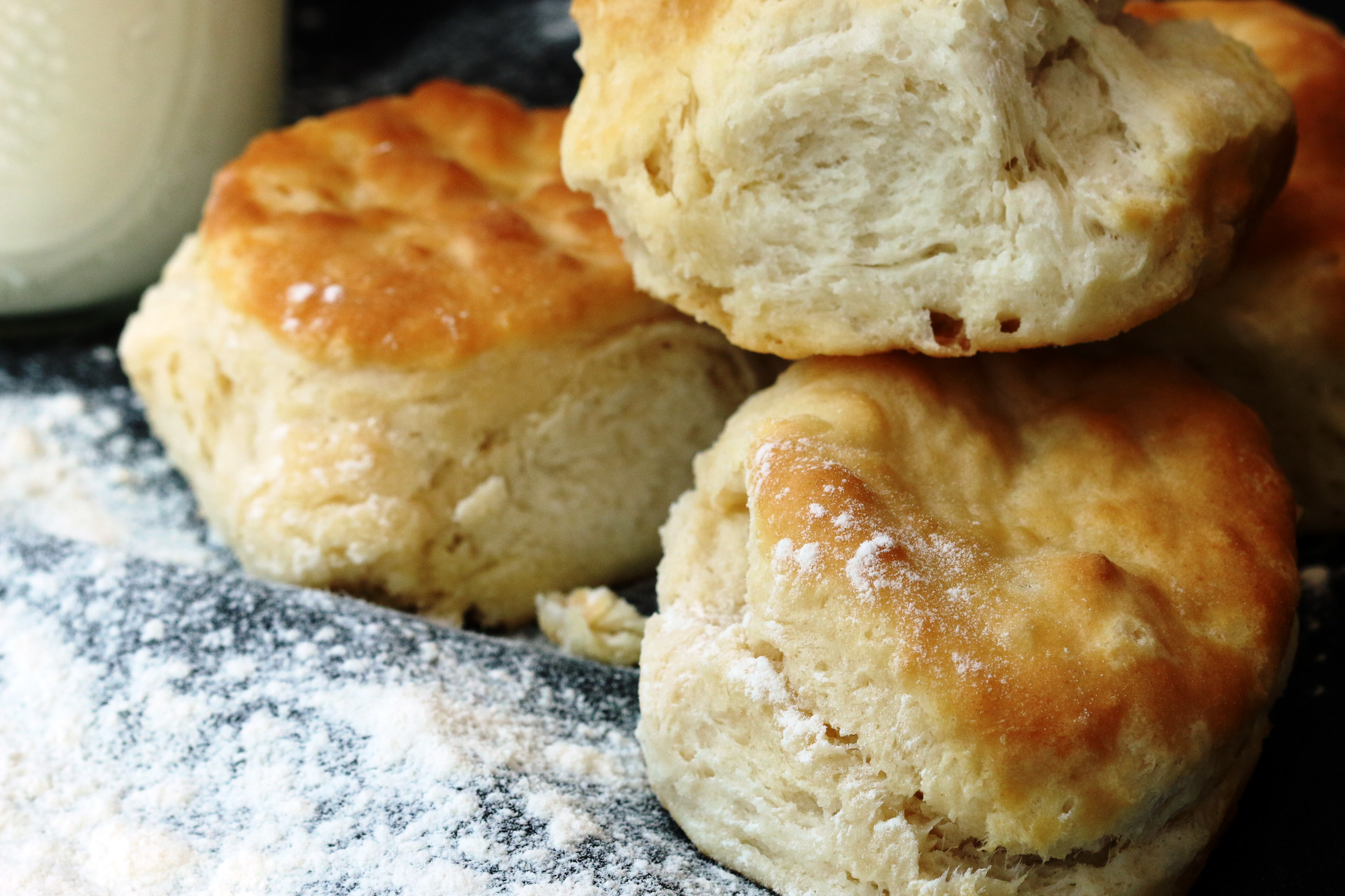 Stack of three buttermilk handmade biscuits.