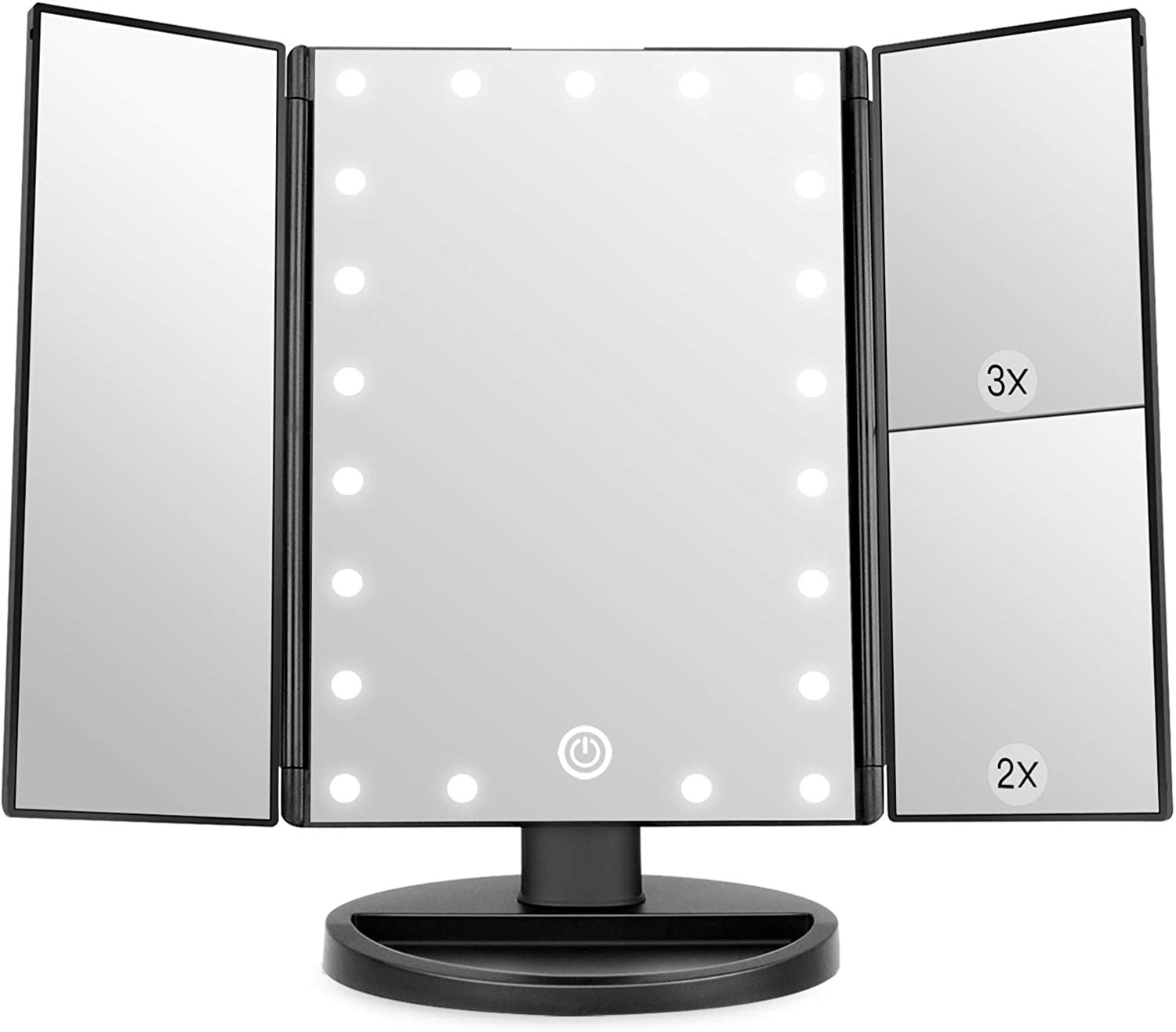 a light up mirror that folds up with a tray at its base