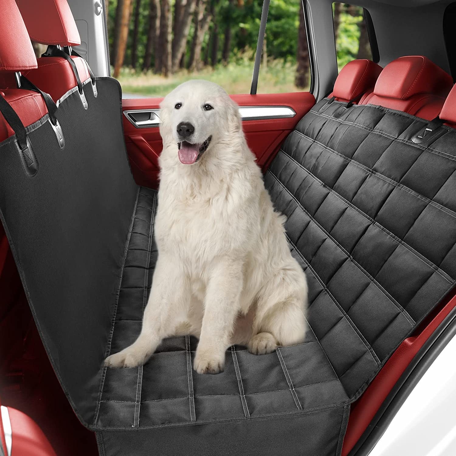 a dog in a car on a car seat cover