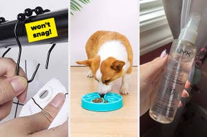 a person putting a shower curtain up, a dog eating from a bowl, and a person holding a makeup spray