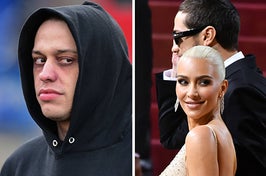 Pete Davidson looks to the left on the street vs Pete Davidson walks with Kim Kardashian as she looks back and smiles for a photo