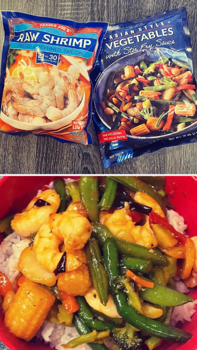 trader joe&#x27;s bag of shrimp and asian style vegetables bag, and an after shot of the shrimp and veggies in a bowl