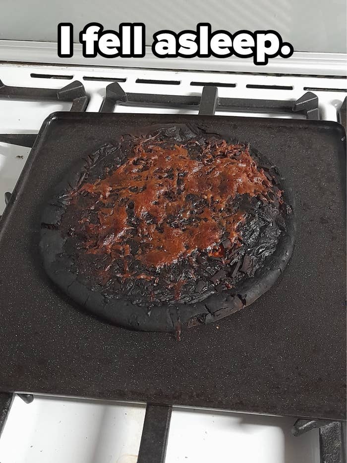 A completely burnt pizza