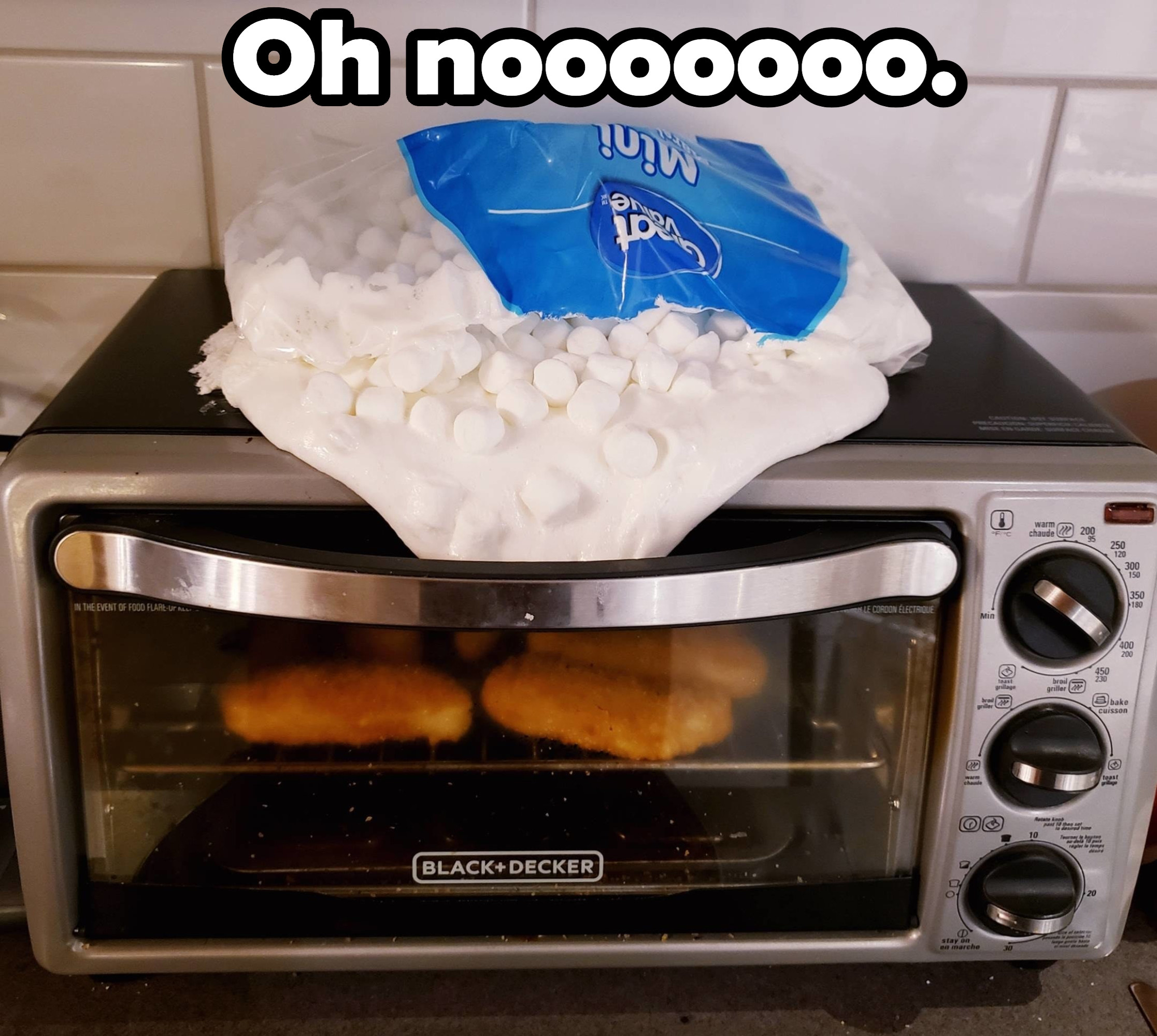 Marshmallows in a bag melted above a toaster oven