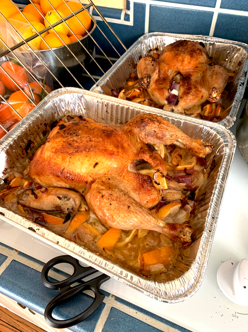 two roasted whole chickens with various lemons, veggies, and stock in the pans, golden brown