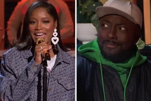 Keke Palmer sings into a microphone vs will i am looking shocked