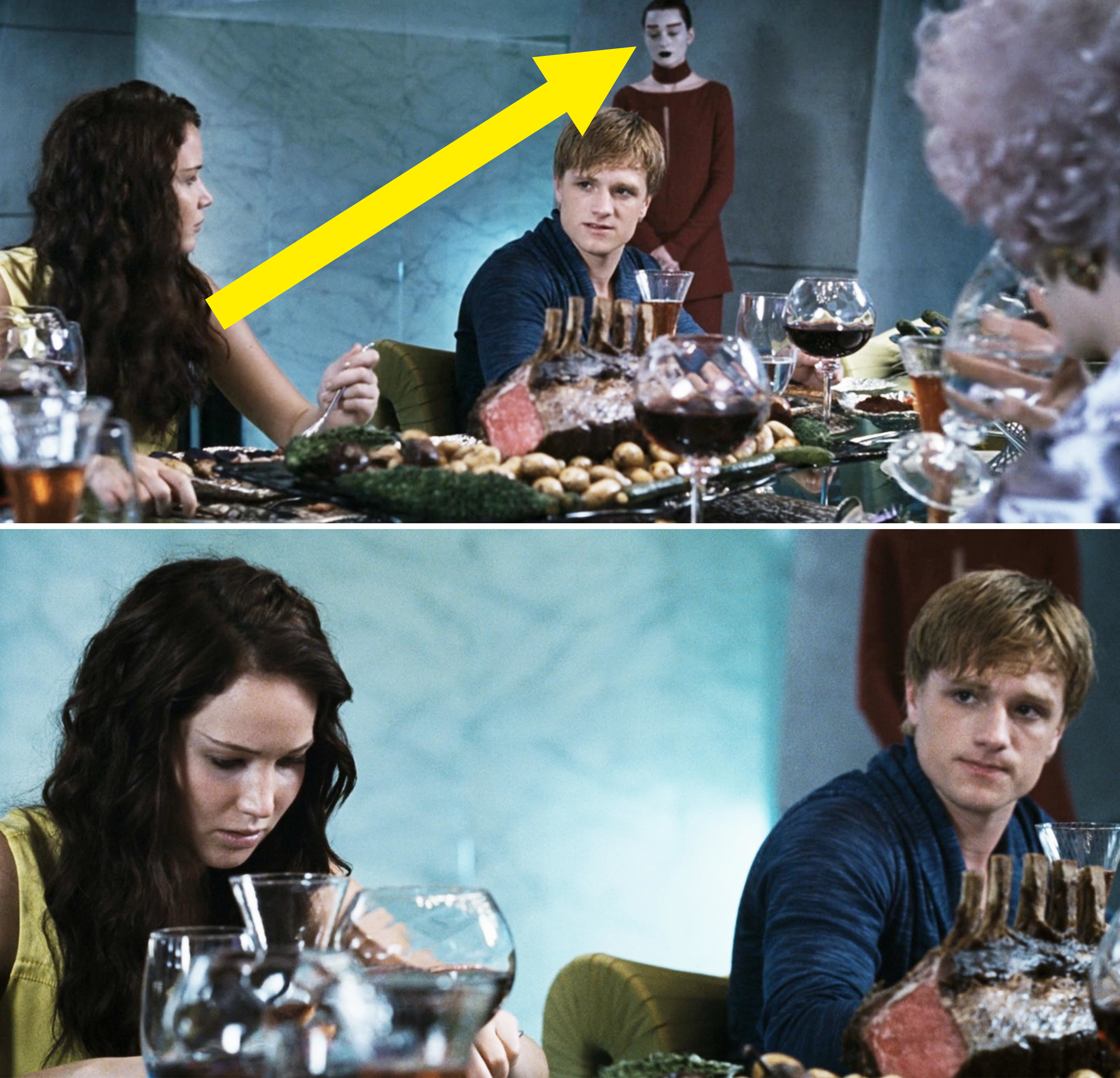 katniss at the dinning table and an arrow pointing to the avox girl standing in the back
