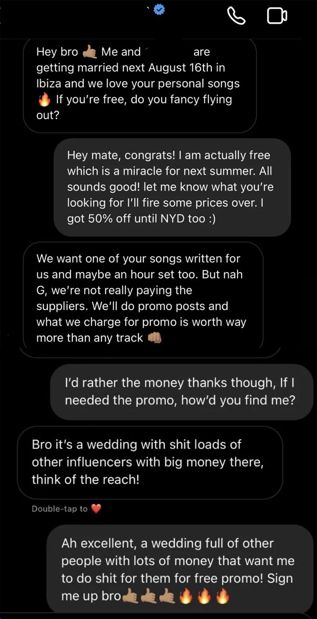 Screenshot of a text conversation asking for a free dj