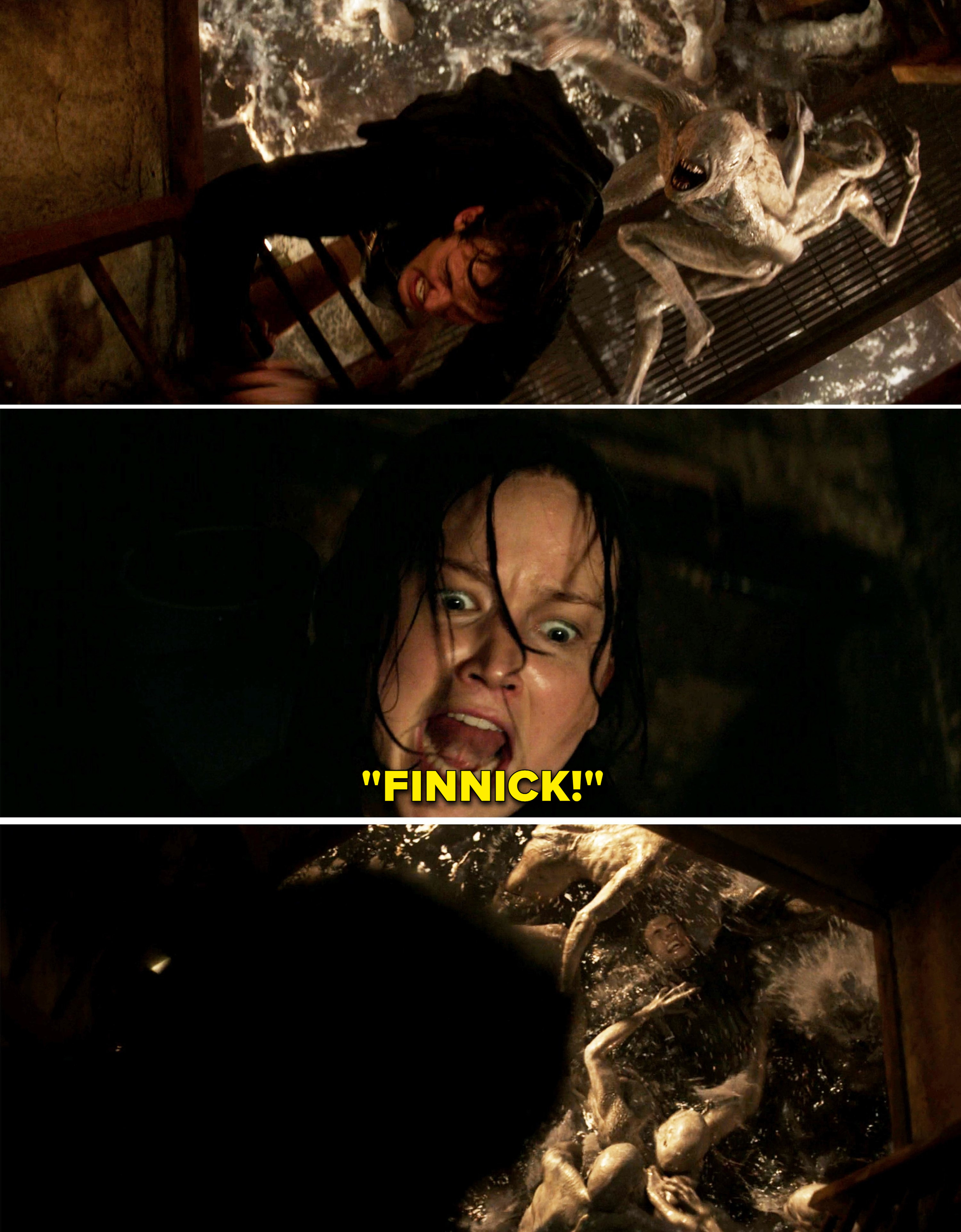 Katniss yelling down at a fallen Finnick