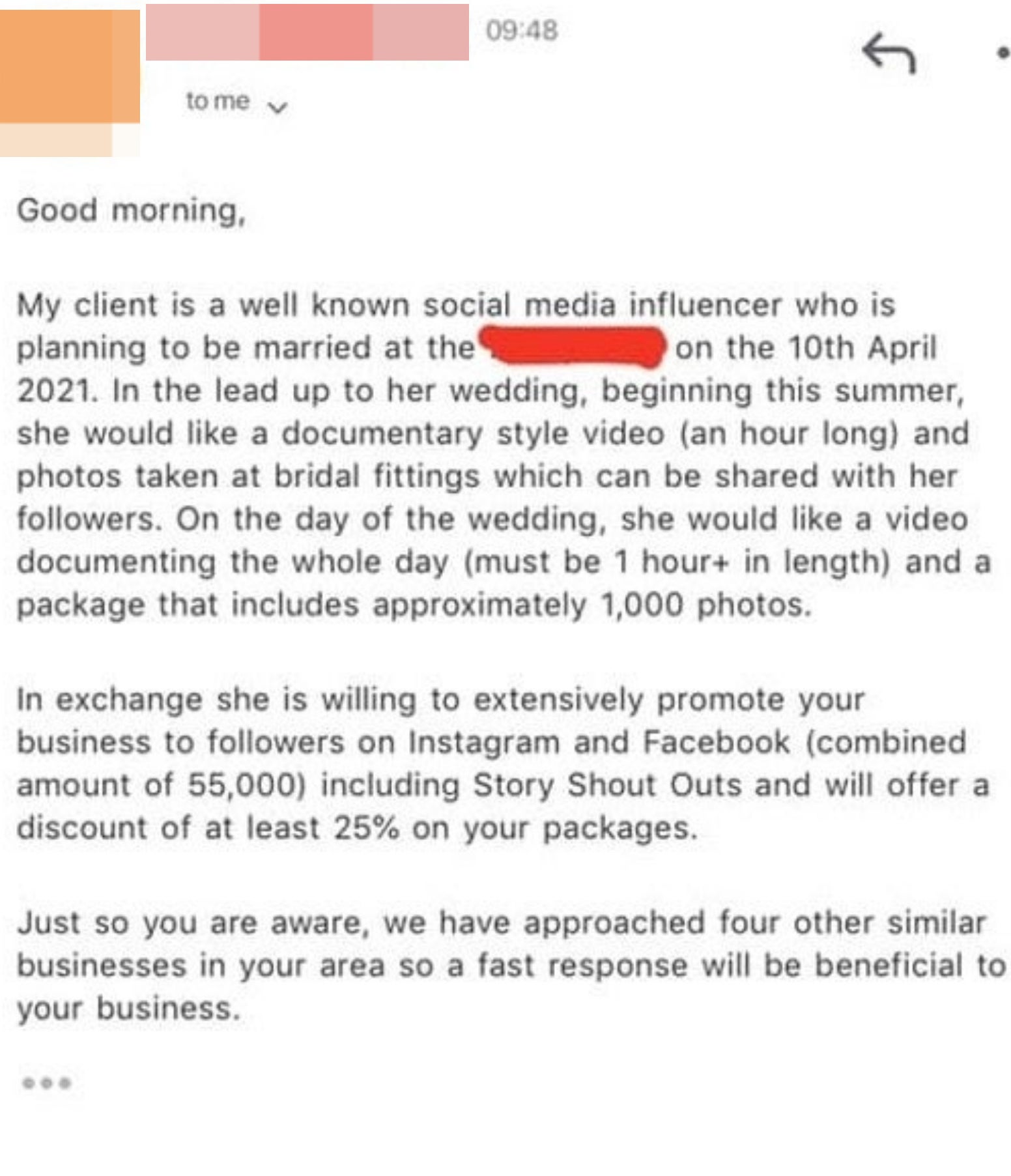 A person asking for photos in exchange for exposure, rather than paying them