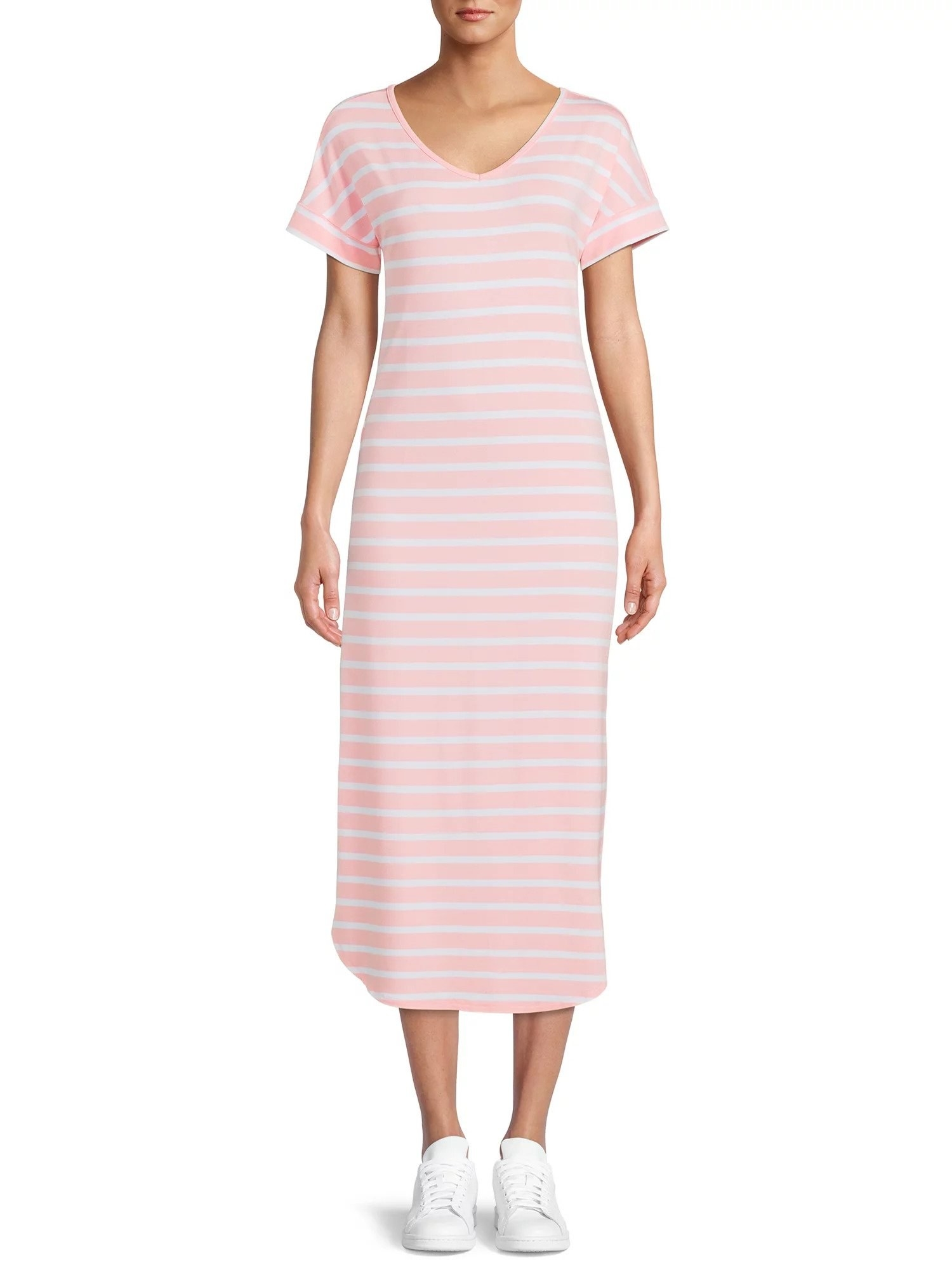 model wearing pink and white striped v-neck maxi dress