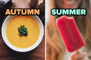 On the left, a bowl of squash soup labeled autumn, and on the right, someone holding a cherry popsicle with a bite taken out of it labeled summer