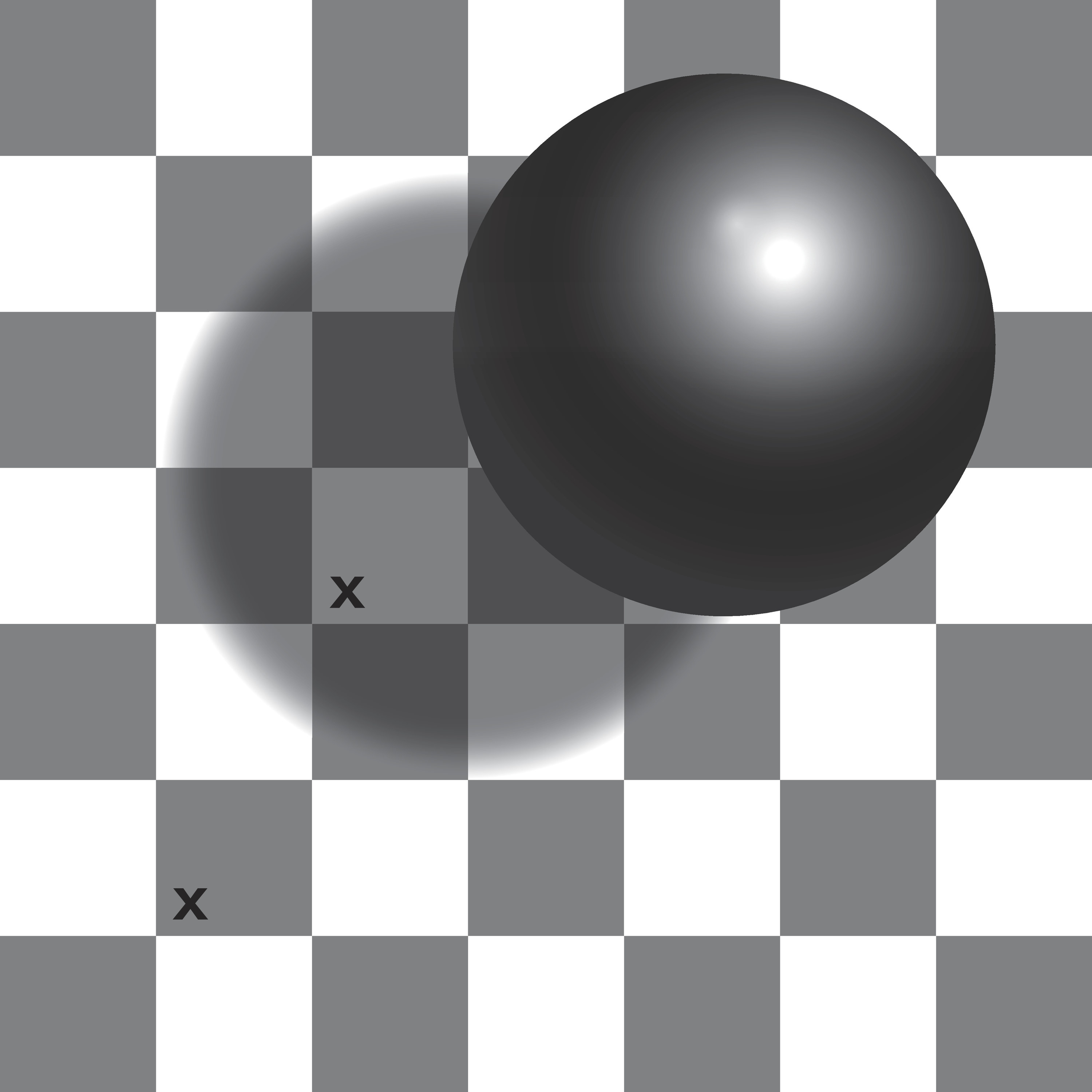 Checker shadow illusion - the two squares with x mark are the same shade of gray.