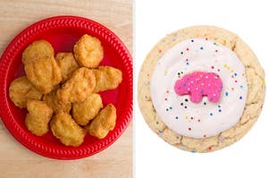 On the left, a plate of chicken nuggets, and on the right, a Circus Animal cookie from Crumbl