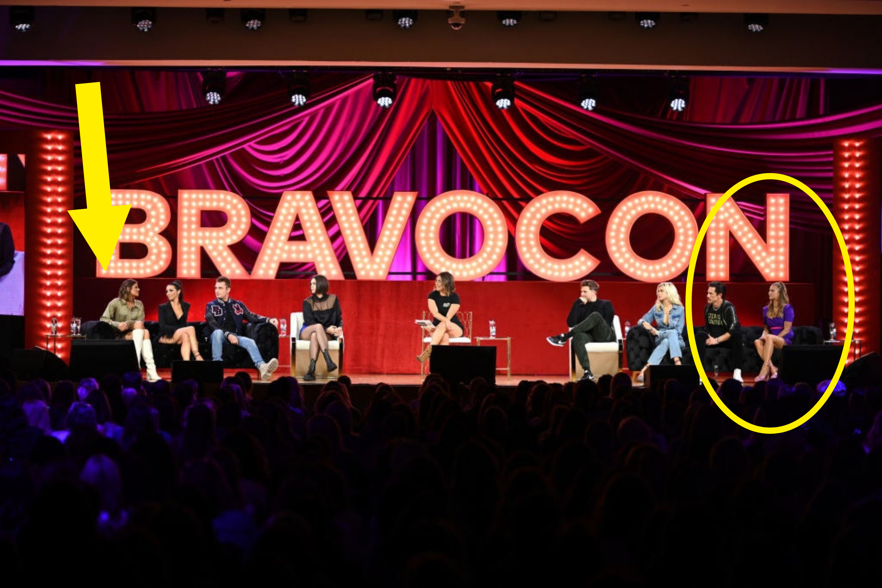 the cast sitting on stage for Bravocon with a circle around ariana and tom at one end and an arrow pointing to raquel sitting at the other end